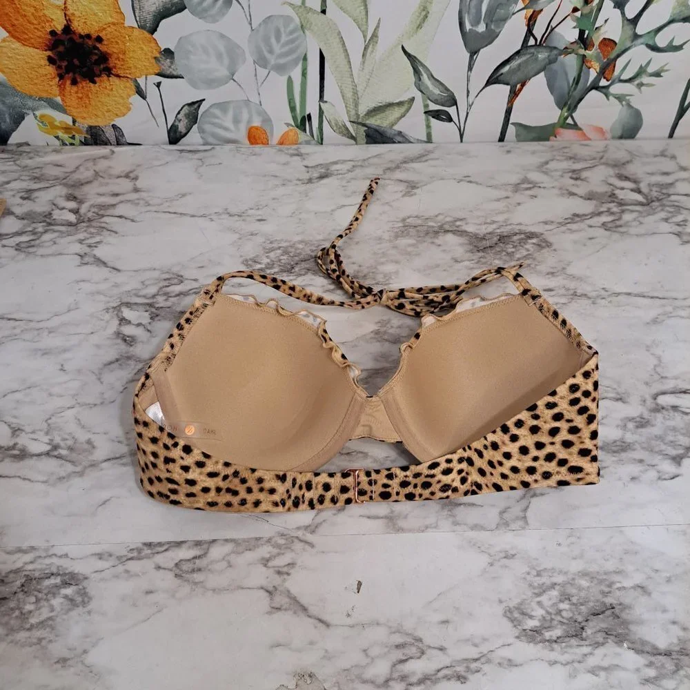 Shade Shore Bikini Top Animal Print 34C Ruffle Tie Neck‎ Bra